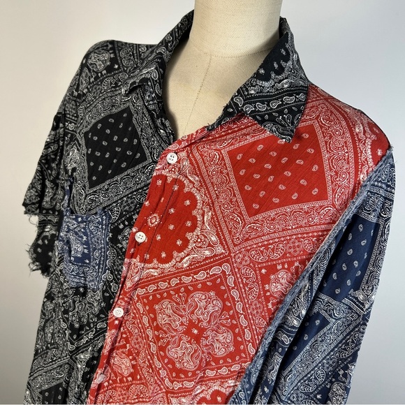 EDEN Distressed Alternative Patchwork Paisley Red Black And Blue Mens Shirt L - Picture 5 of 11